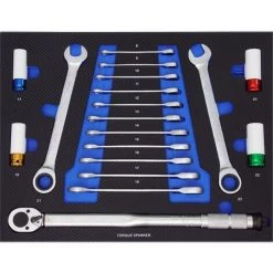 TRUTZHOLM® / BAUMARKTPLUS Profi Werkstattwagen Einlage Blau Knarren-Ring-Maulschlüssel-Satz + Drehmomentschlüssel + Felgennüsse